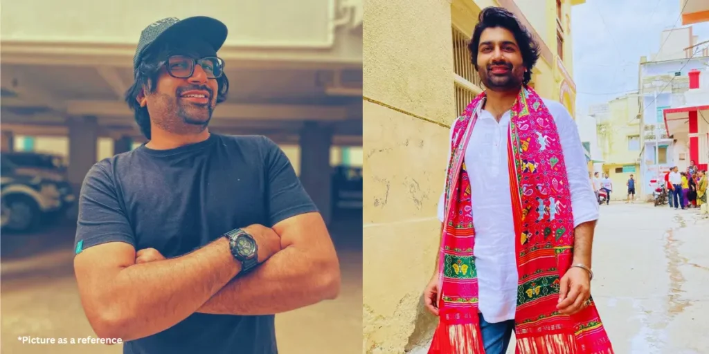 Gujarati actor Malhar Thakor, wearing a black cap, black t-shirt, and glasses, is standing on the left side with folded arms in a parking area. On the right side, with a traditional Gujarati red Bandhani dupatta, standing on a colorful street.