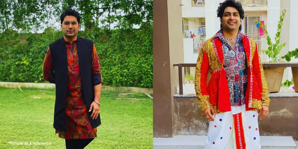 Malhar Thakor, wearing a deep red and black ethnic kurta with a modern black jacket, is standing on a lush green lawn on the left side, and on the other side, he is dressed in traditional Gujarati attire with intricate embroidery, standing on a balcony.