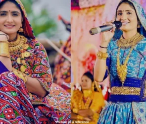 A girl named Geeta Rabari, a Gujarati singer with traditional kacchi clothes, sits with a smiley face. On the other side, she took mike in her hand and sang something.
