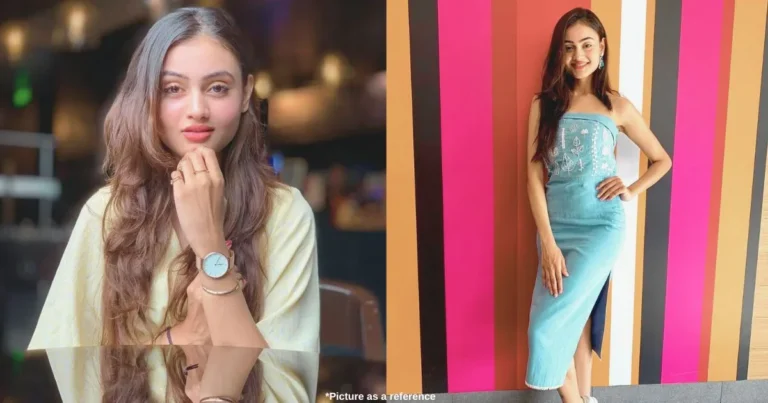 A Gujarati film actress, Janki Bodiwala, sits on a chair in a beautiful pose. On the other side, she stands in front of the coloring wall in a charming pose.