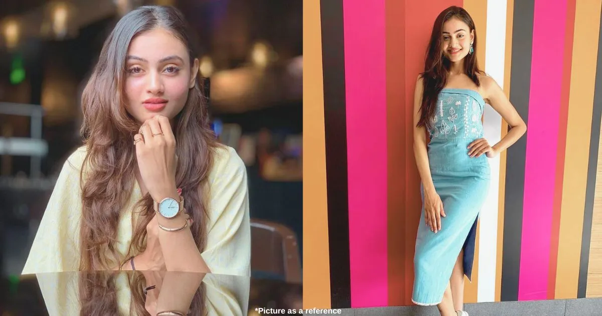 A Gujarati film actress, Janki Bodiwala, sits on a chair in a beautiful pose. On the other side, she stands in front of the coloring wall in a charming pose.