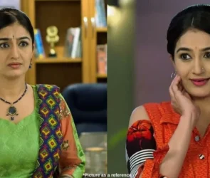 Gujarati and Indian actress Neha Maheta stands with a worried face on the left side of the image, and on the other side, she stands smiling.
