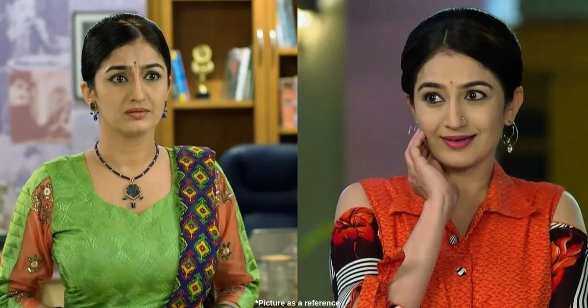 Gujarati and Indian actress Neha Maheta stands with a worried face on the left side of the image, and on the other side, she stands smiling.