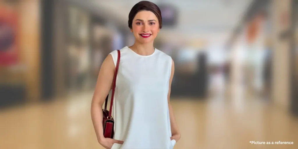 Prachi Desai is in a casual white dress, carrying a red handbag, and smiling while posing in a shopping mall setting.