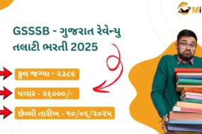 Gujarati and English text like "GSSSB Gujarat Revenue Talati Bharti 2025." All the information about the job: a man wearing a t-shirt, shirt, and goggles takes many books in his hand with a funny face. At the top of the right side, there is a brand logo for MitroMate.
