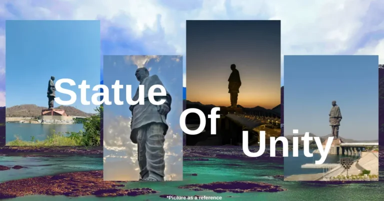 Four images of Sardar Vallabhbhai Patel's Statue of Unity are placed one by one on the river background with the text “Statue of Unity”.
