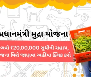 A headline written in Gujarati, "Pradhanmantri Mudra Yojana." A man wearing a blue kurta took a container of green chili by his hand. At the bottom left side, there is a brand logo of MitroMate.