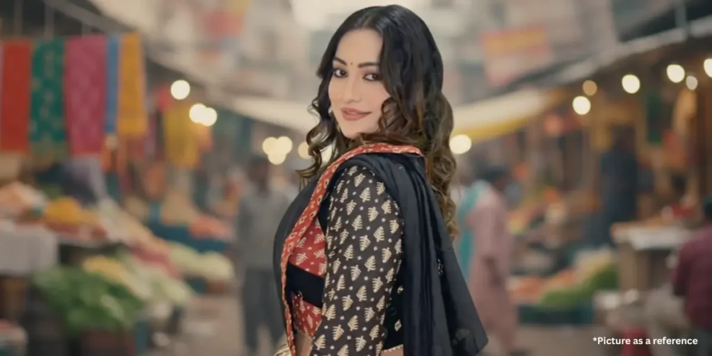 Viyona Patil in a black and red printed ethnic blouse and dupatta, posing in a blurred outdoor market.