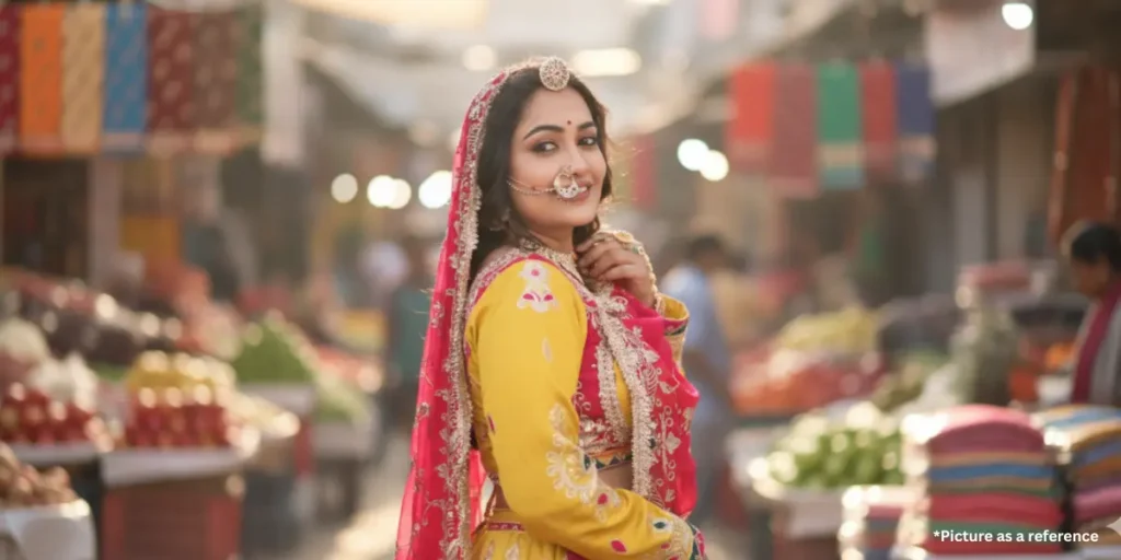 Viyona Patil is wearing a yellow and pink embroidered lehenga choli with traditional Rajasthani mathapatti jewelry in a market.
