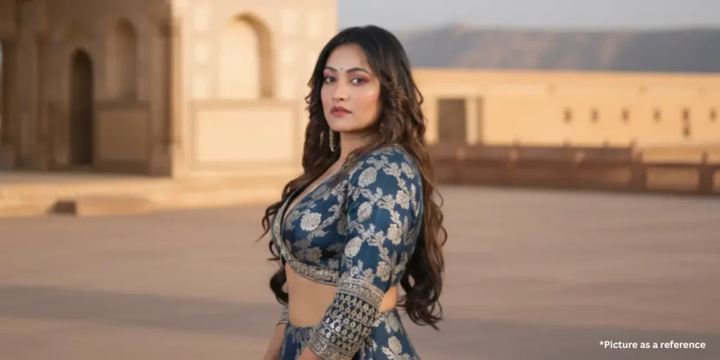 Viyona Patil in a teal blue embroidered velvet lehenga blouse, posing against a minimalist desert palace background.