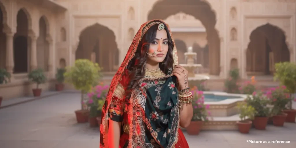 Viyona Patil, in a traditional red and green bridal lehenga with heavy gold jewelry posing in a palace courtyard.