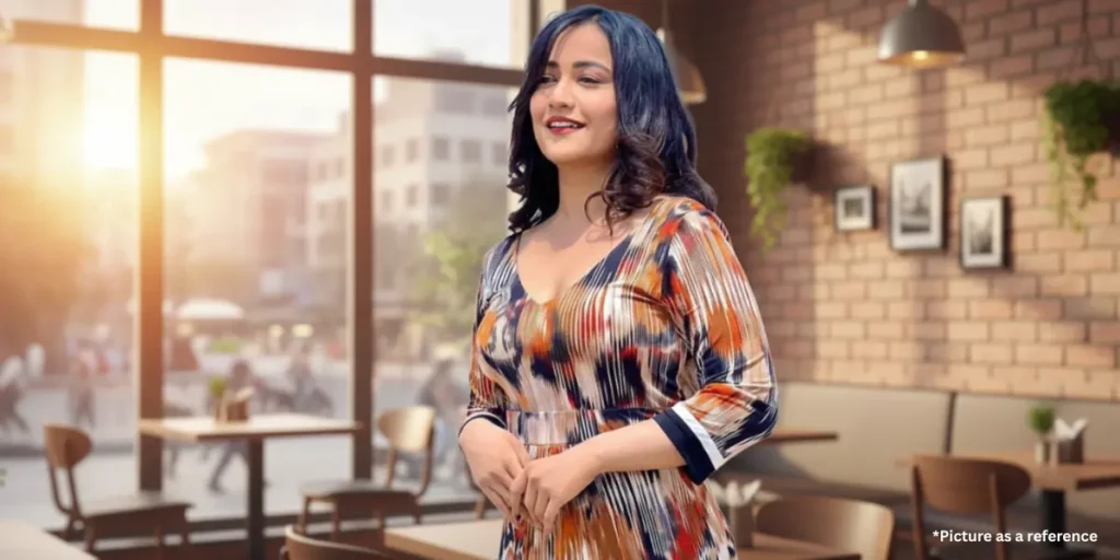 Viyona Patil wearing a modern V-neck printed midi dress, smiling in a contemporary cafe setting with brick walls.