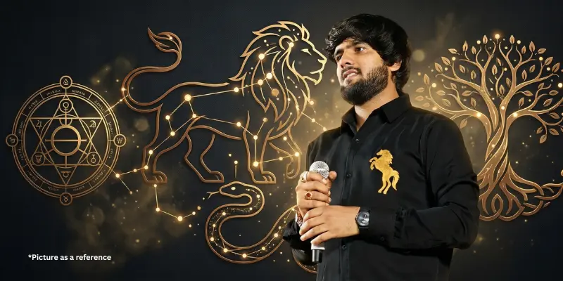 Folk singer Gopal Bharwad posing in a black shirt with golden lion and tree of life motifs in the background.