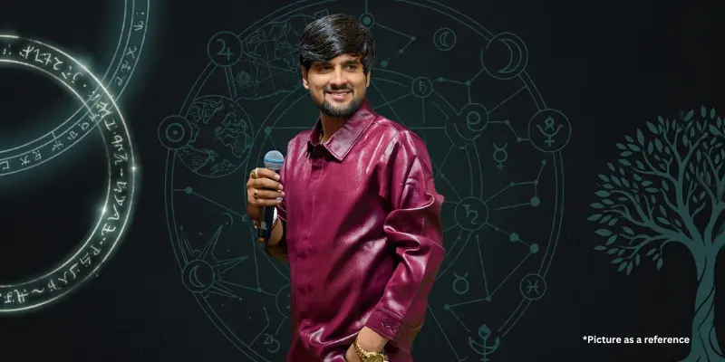 Artist Gopal Bharvad holding a microphone against a dark background with astronomical and tree symbols.