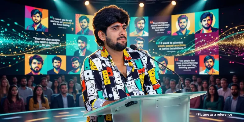 Singer Gopal Bharvad speaking at a podium with a colorful mosaic of his portraits in the background.