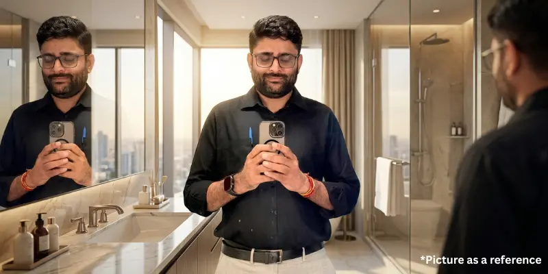Gopal Italiya taking a mirror selfie in a black shirt within a modern luxury bathroom.