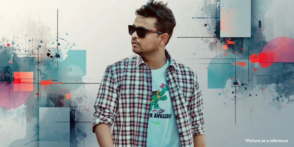Nitin Jani (Khajur Bhai) wearing sunglasses and a plaid shirt in a modern digital art.