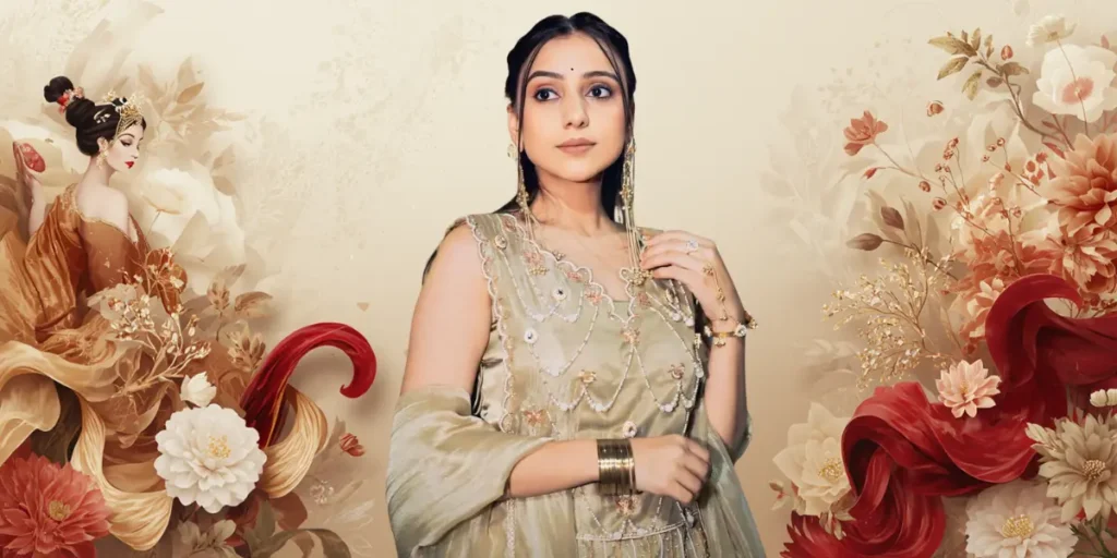 Gujarati singer Kinjal Rabari in a sleeveless, beaded sage-green and gold dress, looking to the side.