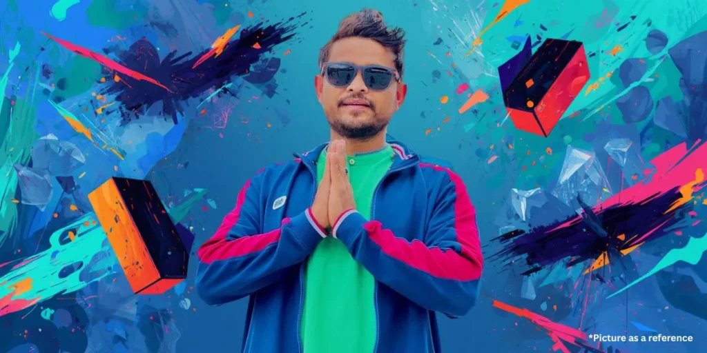 Nitin Jani, known as Khajur Bhai, is posing with a "Namaste" gesture in a blue tracksuit against a vibrant blue and orange abstract splash background.