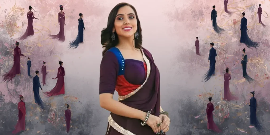 Singer Kinjal Rabari in a deep purple saree with a red and blue patchwork choli, against a vintage pink abstract background.