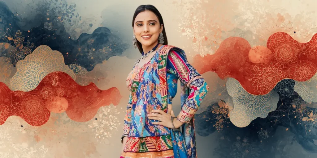 Kinjal Rabari in a modern multi-patterned Patola-style blue dupatta and dress. Her hand is on her hip.