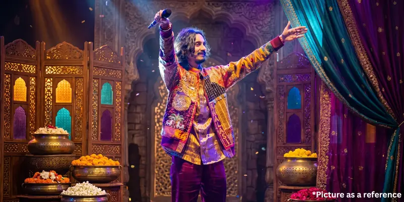 Aditya Gadhvi on a grand stage with traditional Indian decor, marigold flowers, and colorful curtains during a live performance.