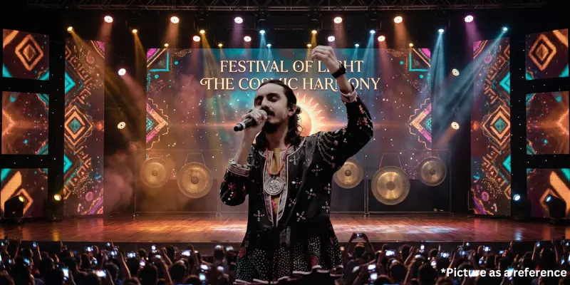 Singer Aditya Gadhvi performing at the concert on a large digital stage.
