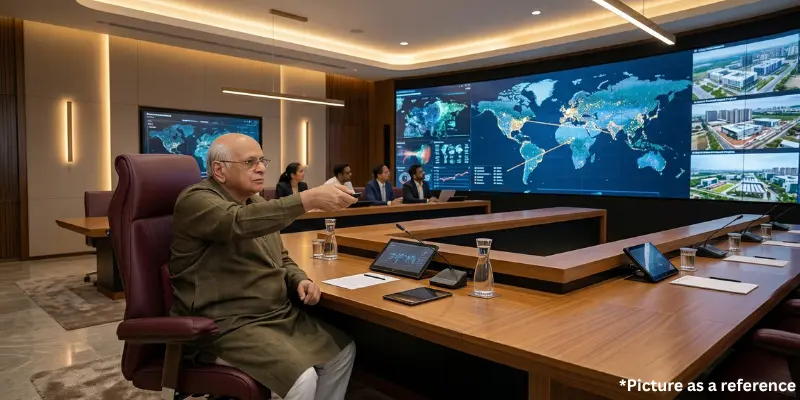 Chief Minister Bhupendra Patel is reviewing projects in a high-tech command and control center.