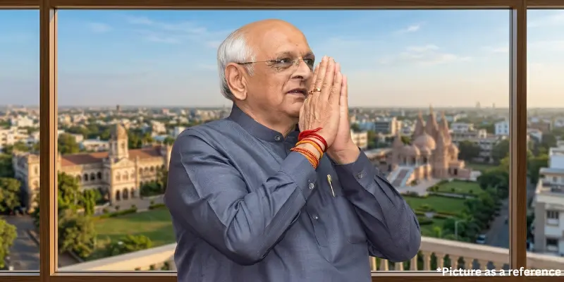 Bhupendra Patel is offering a namaste prayer gesture with a scenic view of a Gujarat temple and cityscape in the background.