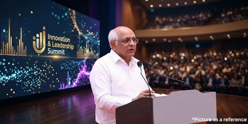 Bhupendra Patel is addressing the Innovation and Leadership Summit from a podium in a large auditorium.