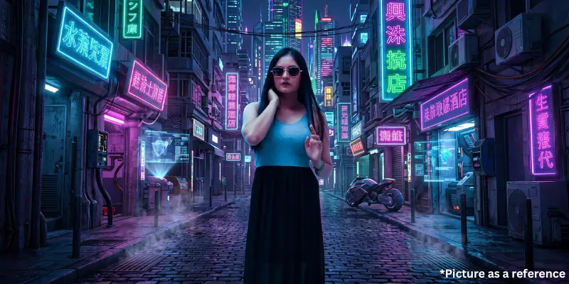 Chini Raval in a blue top and black skirt, is standing in a futuristic cyberpunk alleyway filled with glowing neon signs and a high-tech motorcycle.