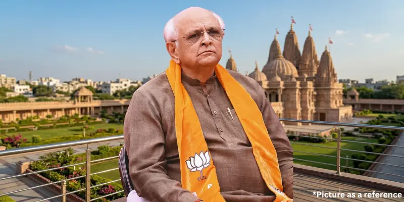 Bhupendra Patel, wearing a saffron BJP stole, is seated outdoors with a large traditional Hindu temple in the background.