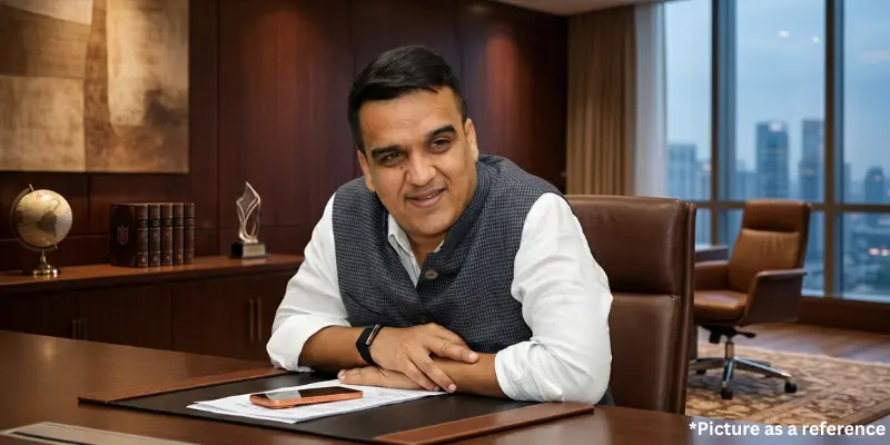 Gujarat Home Minister Harsh Sanghavi is sitting at his office desk in a white shirt and grey vest, smiling.