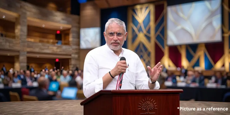 Jagdish Vishwakarma delivering a keynote speech at a formal indoor summit or conference.