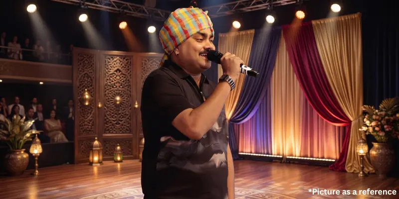 Jignesh Kaviraj singing on a professional stage wearing a colorful traditional turban and a black shirt.