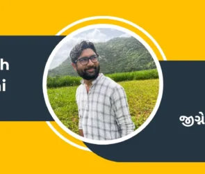 Politician Jignesh Mevani photo with his name in English and Gujarati on a yellow and charcoal grey background.