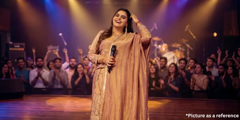 Kajal Maheriya is shown laughing joyfully while performing live on a large stage, wearing a gold kurta.