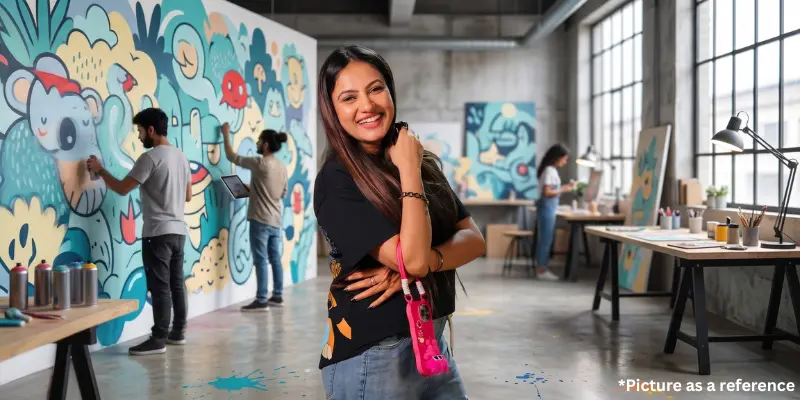 Actress Neha Suthar posing in an art studio with a large colorful mural and creators working in the background.