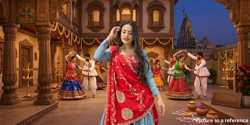 Neha Suthar in a traditional red and blue Gujarati Chaniya Choli with Garba dancers.
