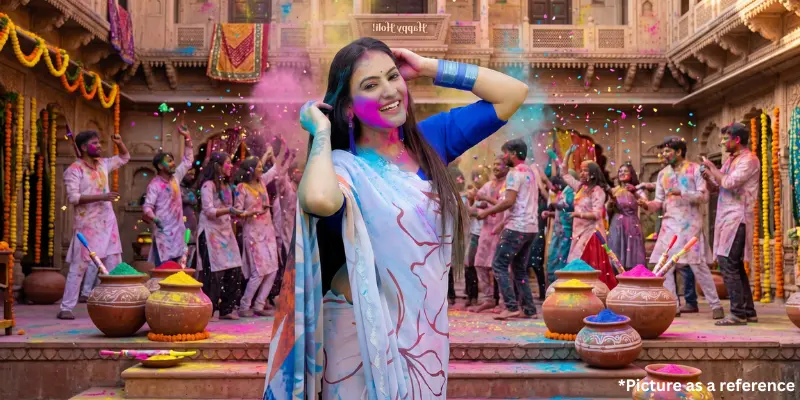 Neha Suthar is celebrating the Holi festival with colors and a white saree, surrounded by dancers.