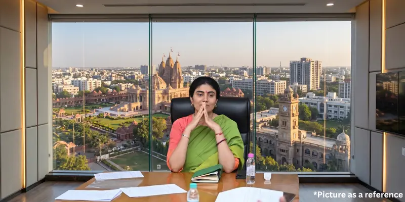 Rivaba Jadeja seated in her office with a view of a Hindu temple and Gujarat cityscape in back side.