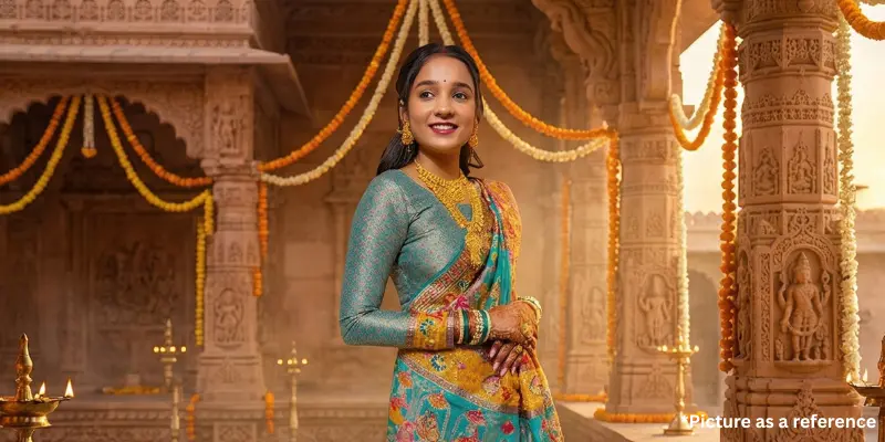 Folk Rinku Bharvad wearing a traditional colored Gujarati saree standing in a beautifully decorated stone temple.