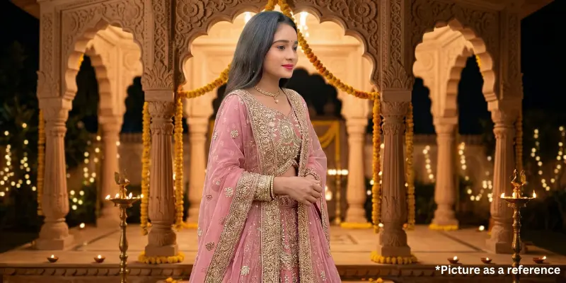 Rinku Bharwad dressed in an elegant pink embroidered lehenga, standing in front of a traditional Indian carved stone gazebo.