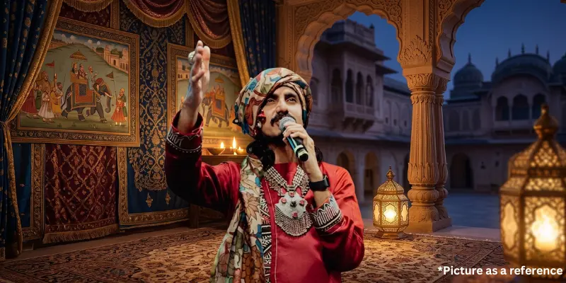 Aditya Gadhvi performing in traditional Gujarati attire and turban within a royal palace courtyard setting.