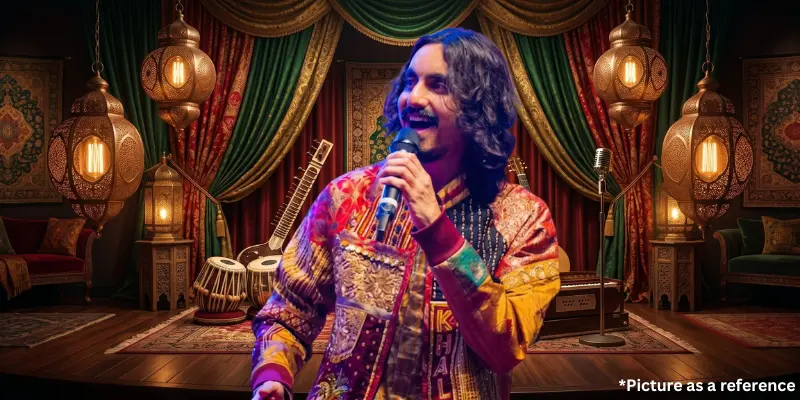 Aditya Gadhvi performing in a vibrant, culturally themed studio set with sitar, tabla, and traditional lanterns.