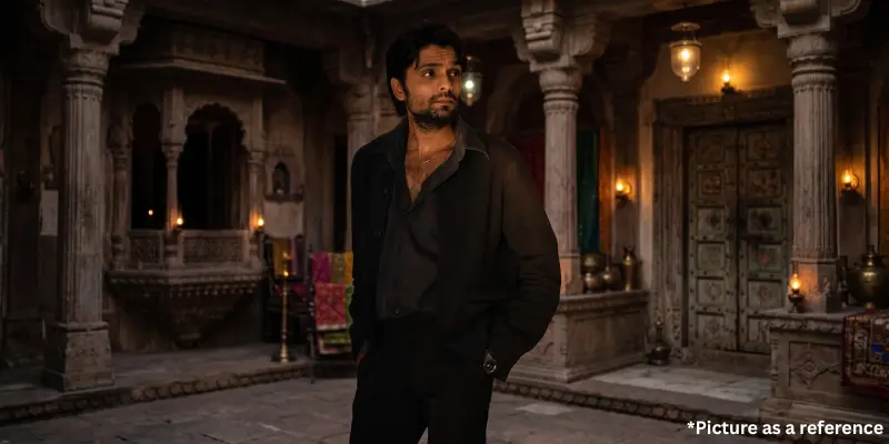 Karan Joshi posing in a dark gray shirt and jacket within an ancient, dimly lit stone haveli courtyard with ornate pillars and lanterns.