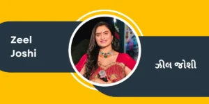Zeel Joshi in a red traditional dress with a microphone, set against a yellow and charcoal gray graphic background.