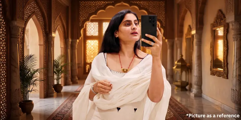 Zeel Joshi, wearing a white traditional outfit and a gold pendant, is taking a selfie with a smartphone in a grand, ornately carved palace hallway.