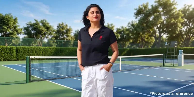 Actress Zeel Joshi, in a black polo shirt and white trousers, is posing on a blue and green professional tennis court during a sunny day.