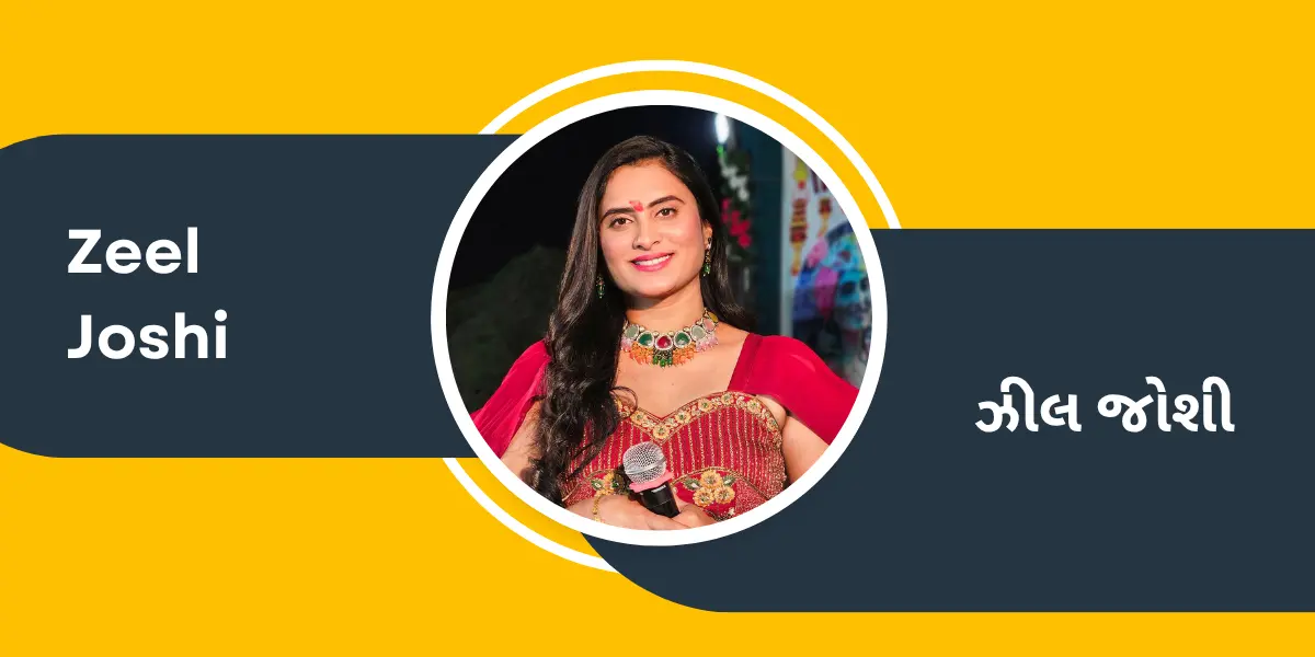 Zeel Joshi in a red traditional dress with a microphone, set against a yellow and charcoal gray graphic background.